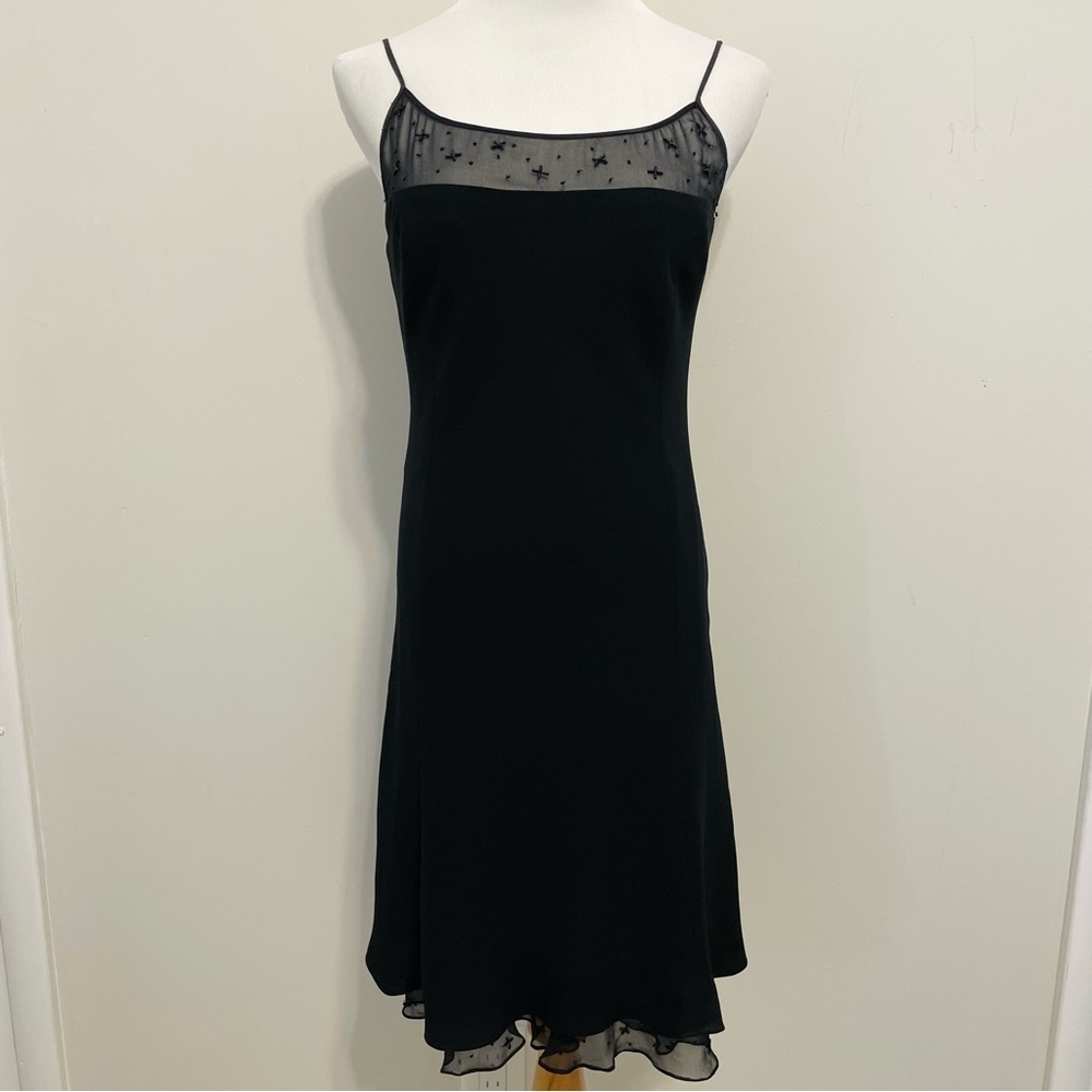 Vintage Y2K Jones New York Sleeveless Black Shift Dress Sheer Neckline Size 8